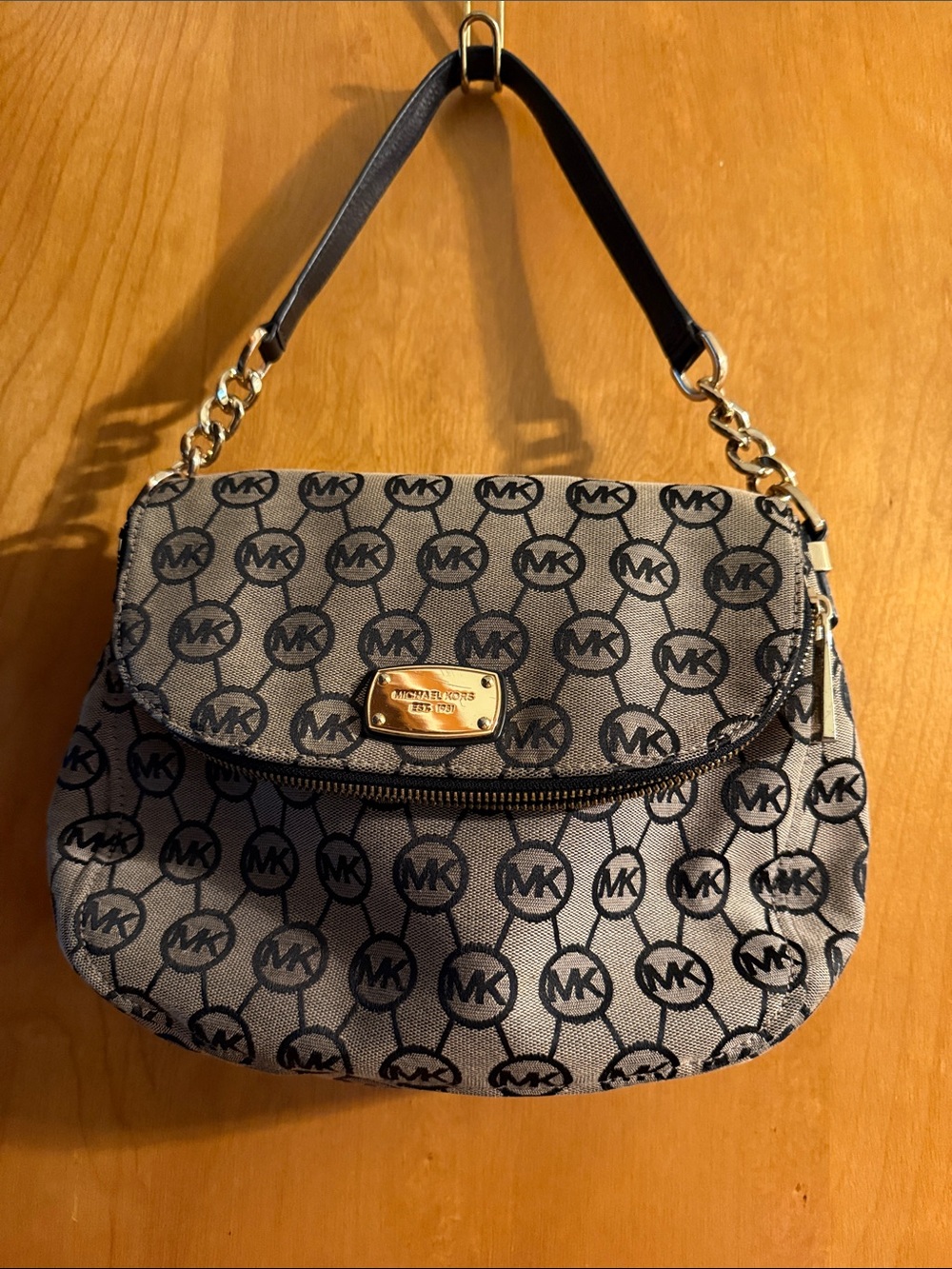 Michael Kors Black and Gray MK Logo Shoulder Bag with Gold Hardware